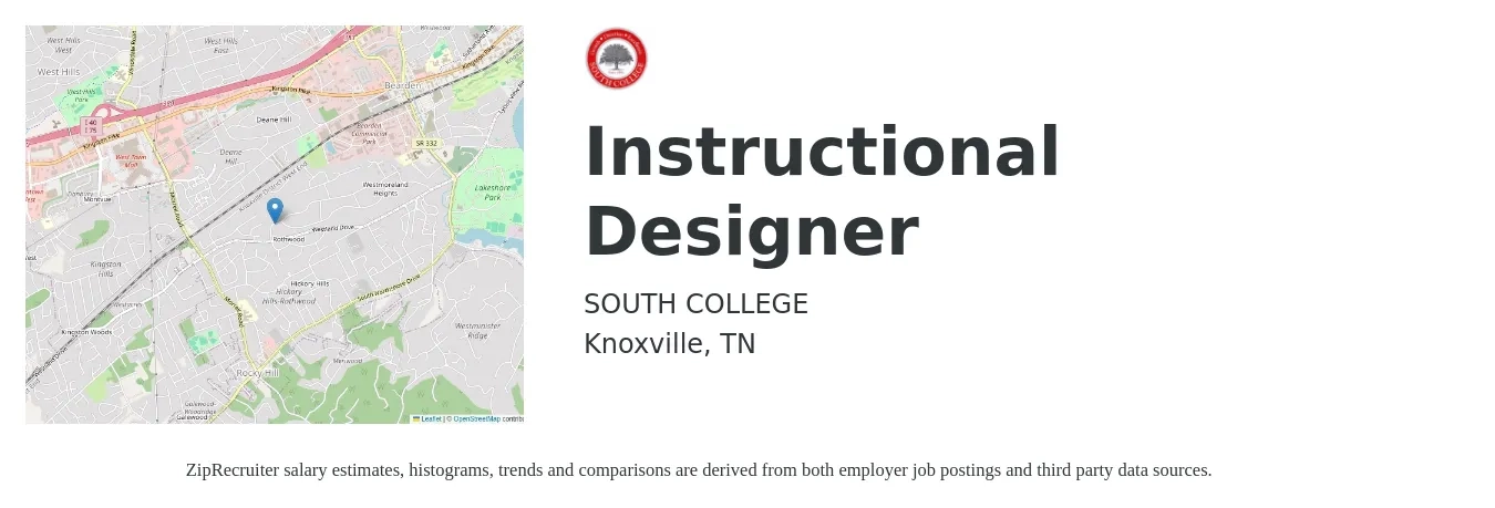 SOUTH COLLEGE job posting for a Instructional Designer in Knoxville, TN with a salary of $62,000 to $84,000 Yearly with a map of Knoxville location.