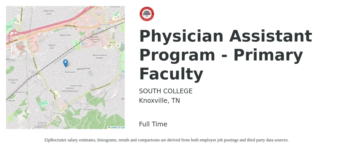 SOUTH COLLEGE job posting for a Physician Assistant Program - Primary Faculty in Knoxville, TN with a salary of $95,400 to $129,300 Yearly with a map of Knoxville location.