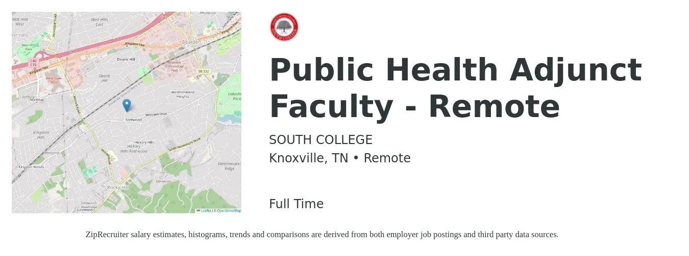 SOUTH COLLEGE job posting for a Public Health Adjunct Faculty - Remote in Knoxville, TN with a salary of $31 to $58 Hourly with a map of Knoxville location.