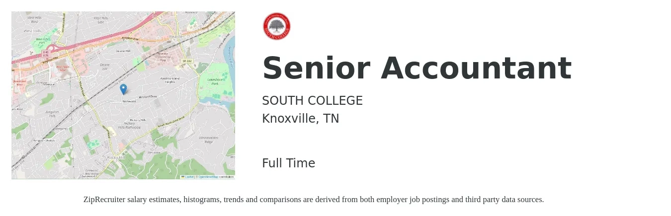 SOUTH COLLEGE job posting for a Senior Accountant in Knoxville, TN with a salary of $61,000 to $76,700 Yearly with a map of Knoxville location.