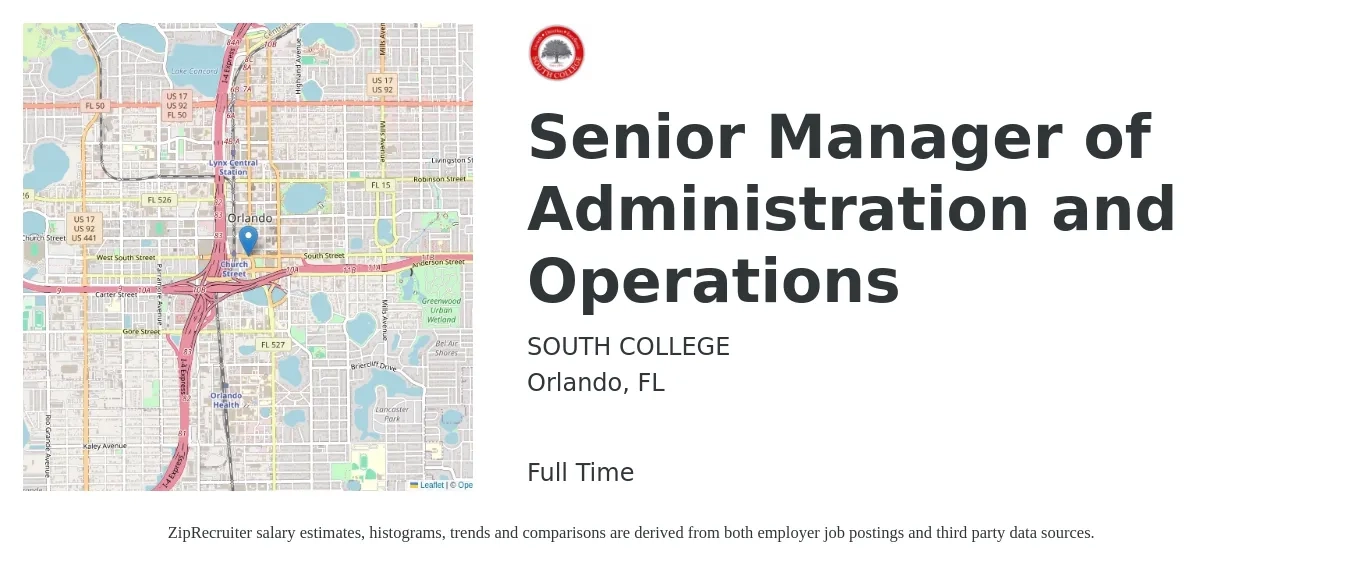 SOUTH COLLEGE job posting for a Senior Manager of Administration and Operations in Orlando, FL with a salary of $68,100 to $113,400 Yearly with a map of Orlando location.