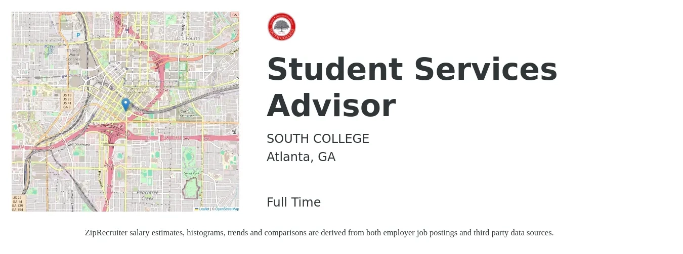 SOUTH COLLEGE job posting for a Student Services Advisor in Atlanta, GA with a salary of $17 to $27 Hourly with a map of Atlanta location.