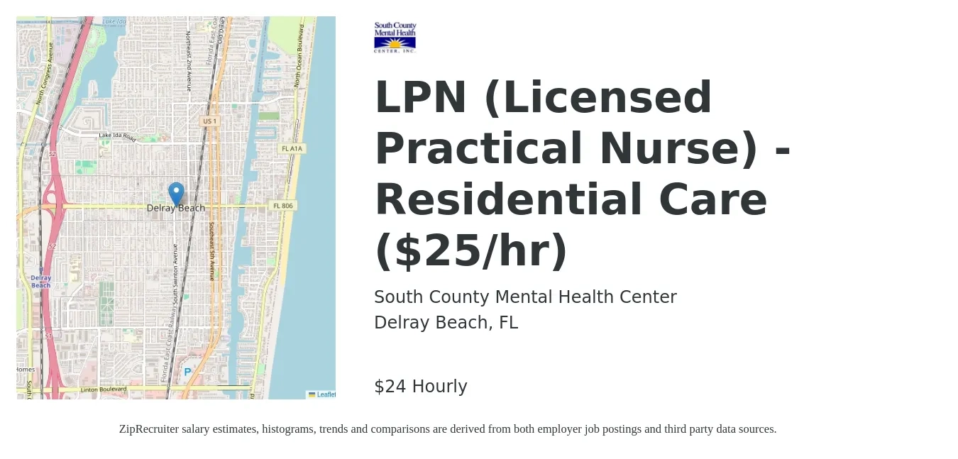 South County Mental Health Center job posting for a LPN (Licensed Practical Nurse) - Residential Care ($25/hr) in Delray Beach, FL with a salary of $25 Hourly with a map of Delray Beach location.