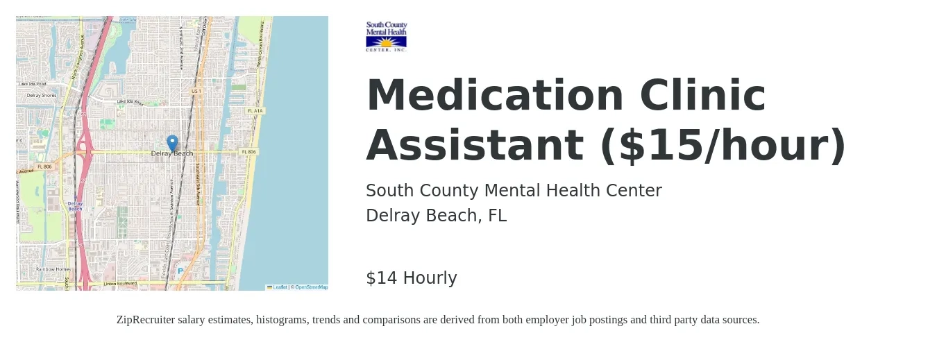 South County Mental Health Center job posting for a Medication Clinic Assistant ($15/hour) in Delray Beach, FL with a salary of $15 Hourly with a map of Delray Beach location.
