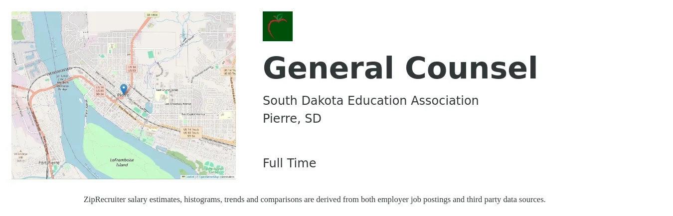 South Dakota Education Association job posting for a General Counsel in Pierre, SD with a salary of $70,000 to $95,000 Yearly with a map of Pierre location.