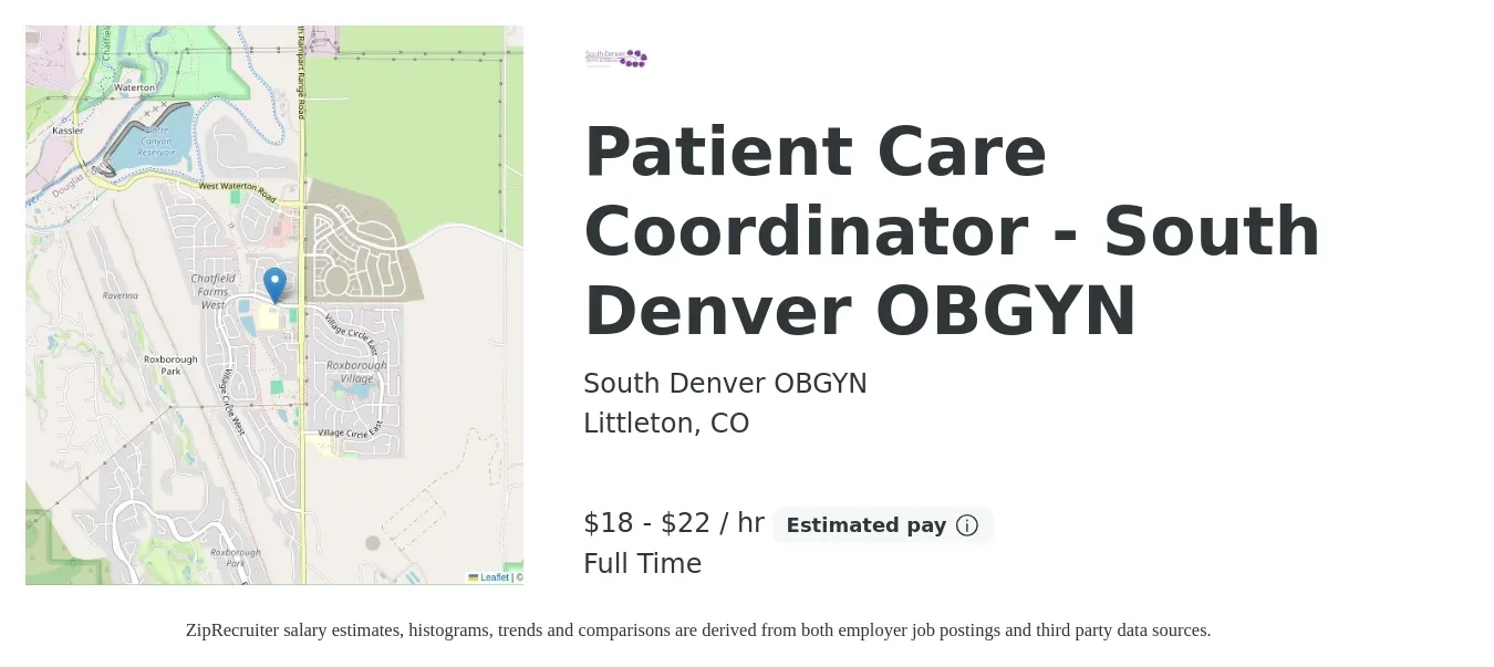 South Denver OBGYN job posting for a Patient Care Coordinator - South Denver OBGYN in Littleton, CO with a salary of $19 to $23 Hourly with a map of Littleton location.