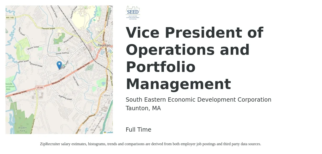 South Eastern Economic Development Corporation job posting for a Vice President of Operations and Portfolio Management in Taunton, MA with a salary of $118,400 to $189,700 Yearly with a map of Taunton location.