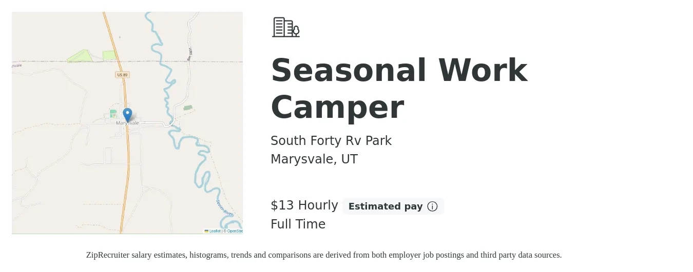 South Forty Rv Park job posting for a Seasonal Work Camper in Marysvale, UT with a salary of $14 Hourly with a map of Marysvale location.