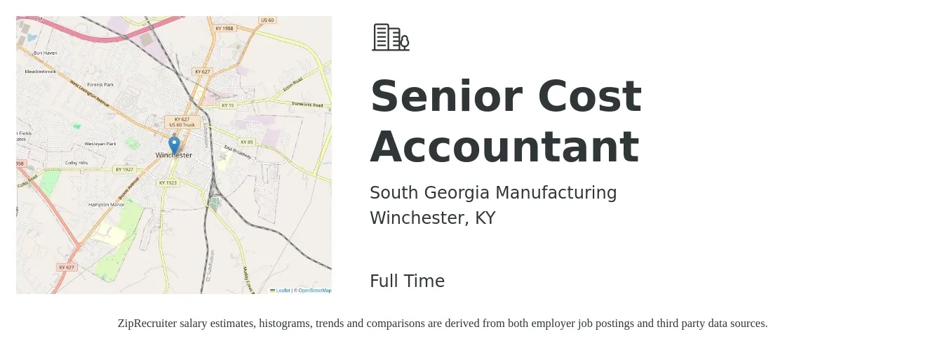 South Georgia Manufacturing job posting for a Senior Cost Accountant in Winchester, KY with a salary of $70,400 to $87,700 Yearly with a map of Winchester location.