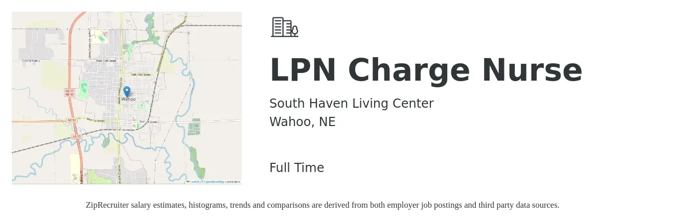 South Haven Living Center job posting for a LPN Charge Nurse in Wahoo, NE with a salary of $24 to $32 Hourly with a map of Wahoo location.