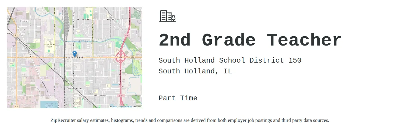 South Holland School District 150 job posting for a 2nd Grade Teacher in South Holland, IL with a salary of $41,200 to $55,500 Annually with a map of South Holland location.
