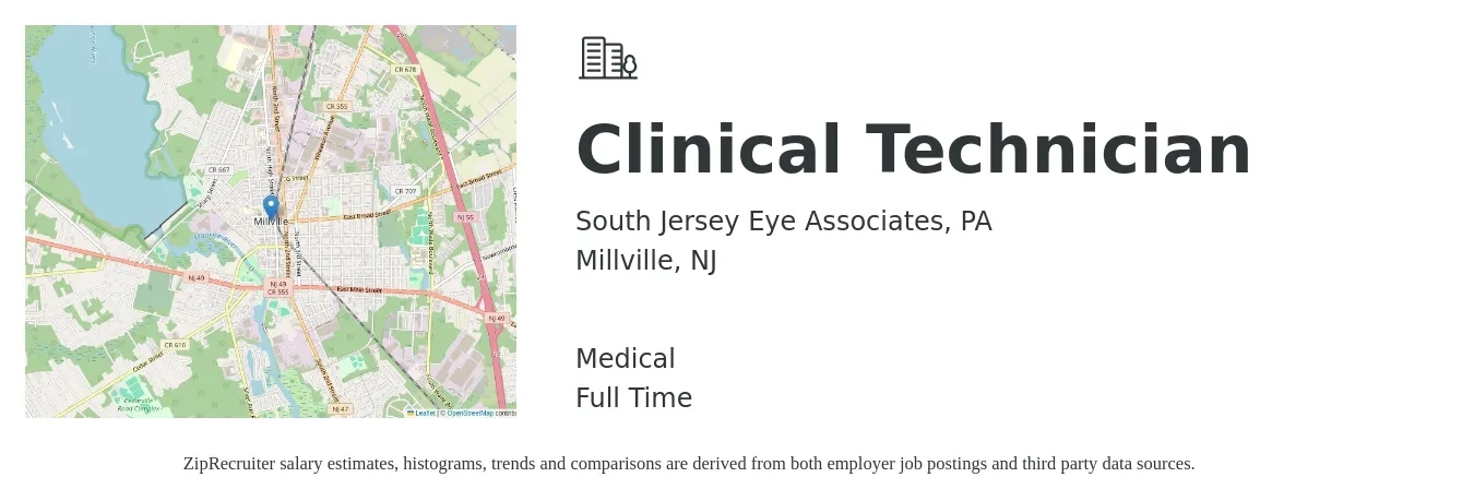 South Jersey Eye Associates, PA job posting for a Clinical Technician in Millville, NJ with a salary of $18 to $23 Hourly and benefits including retirement, medical, and pto with a map of Millville location.