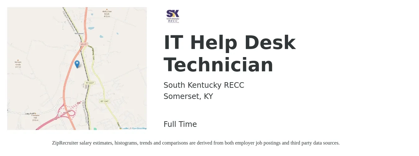 South Kentucky RECC job posting for a IT Help Desk Technician in Somerset, KY with a salary of $17 to $24 Hourly with a map of Somerset location.