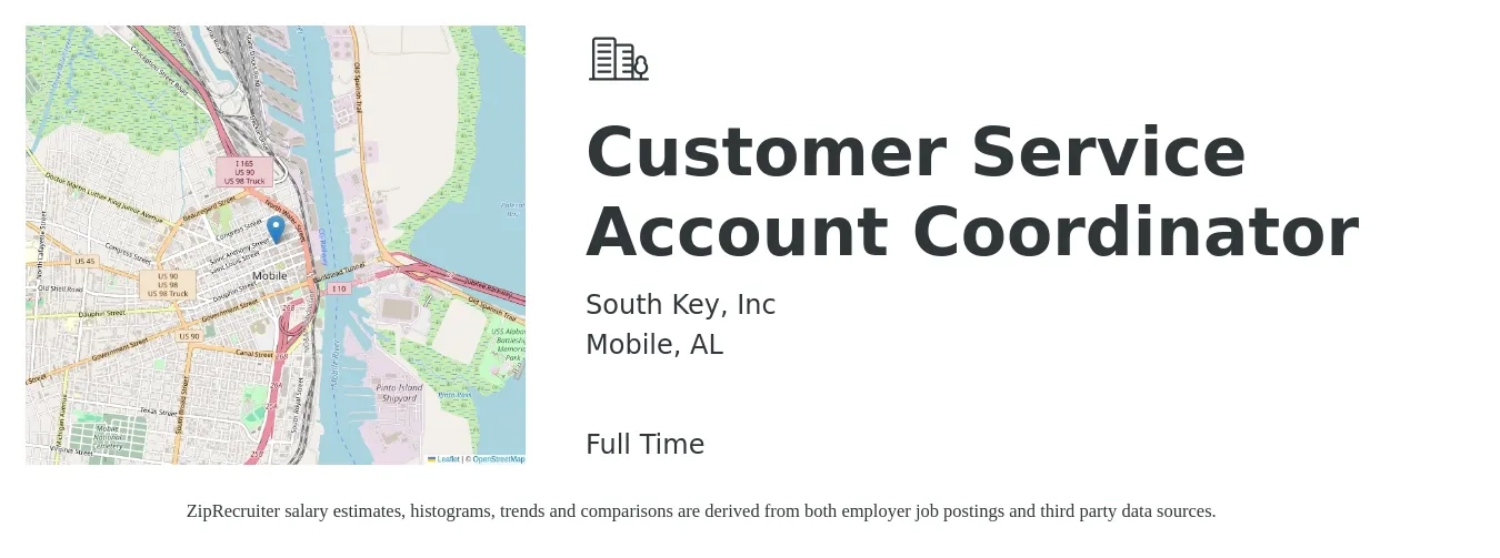South Key, Inc job posting for a Customer Service Account Coordinator in Mobile, AL with a salary of $30,800 to $42,800 Yearly with a map of Mobile location.