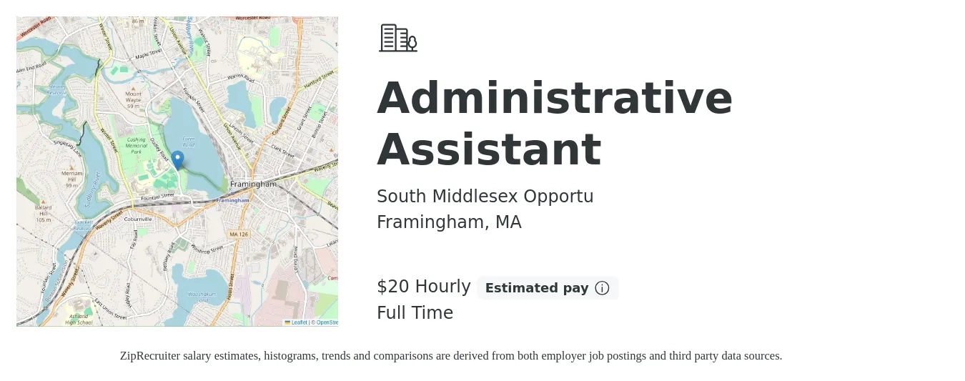 South Middlesex Opportu job posting for a Administrative Assistant in Framingham, MA with a salary of $21 Hourly with a map of Framingham location.