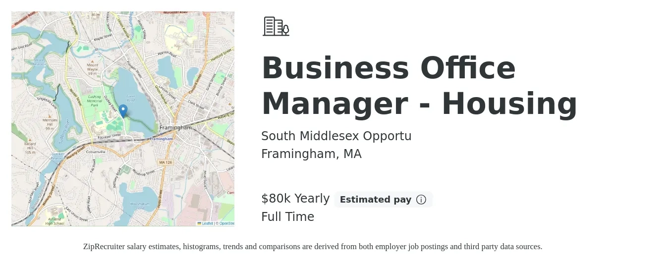 South Middlesex Opportu job posting for a Business Office Manager - Housing in Framingham, MA with a salary of $80,000 Yearly with a map of Framingham location.