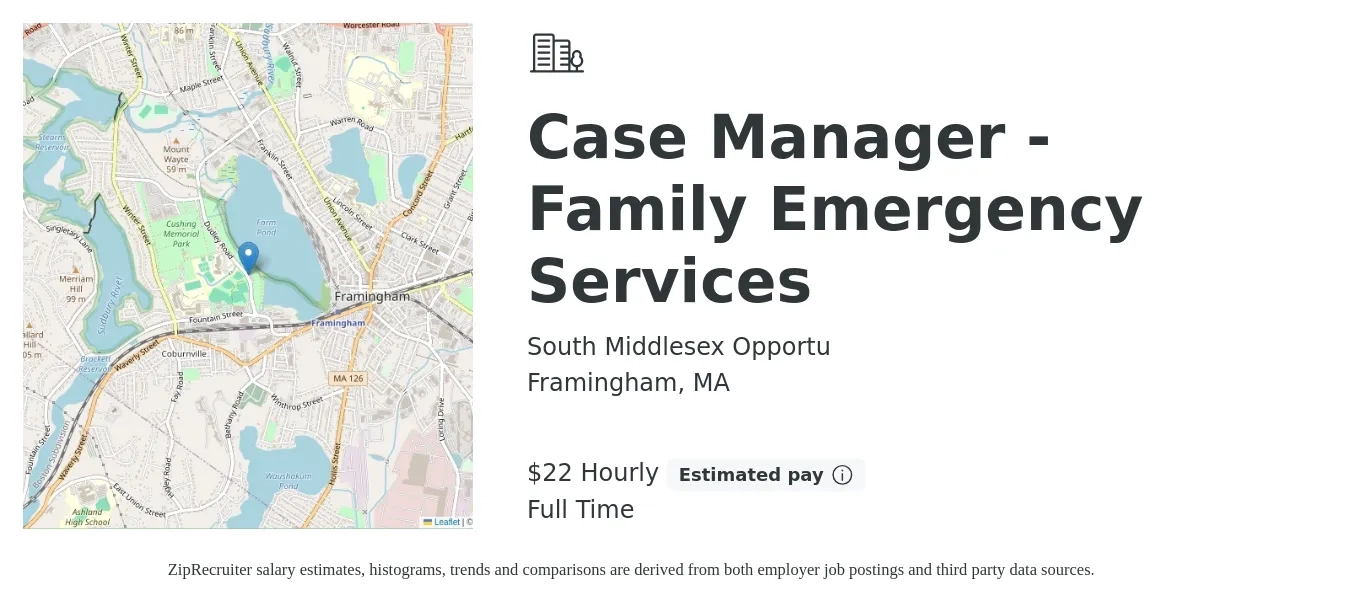 South Middlesex Opportu job posting for a Case Manager - Family Emergency Services in Framingham, MA with a salary of $23 Hourly with a map of Framingham location.