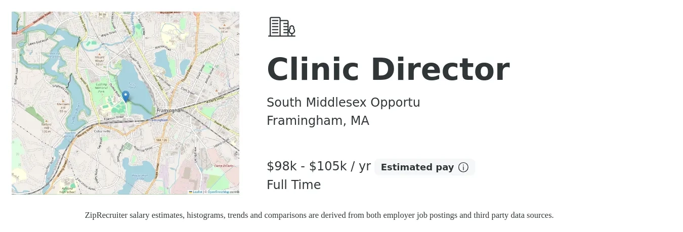 South Middlesex Opportu job posting for a Clinic Director in Framingham, MA with a salary of $98,500 to $105,000 Yearly with a map of Framingham location.