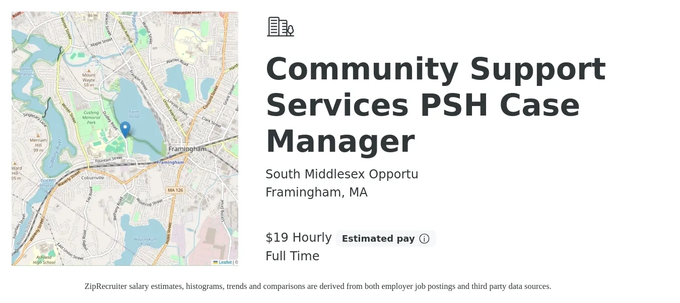 South Middlesex Opportu job posting for a Community Support Services PSH Case Manager in Framingham, MA with a salary of $20 Hourly with a map of Framingham location.
