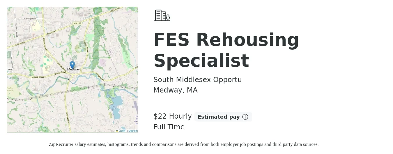 South Middlesex Opportu job posting for a FES Rehousing Specialist in Medway, MA with a salary of $23 Hourly with a map of Medway location.
