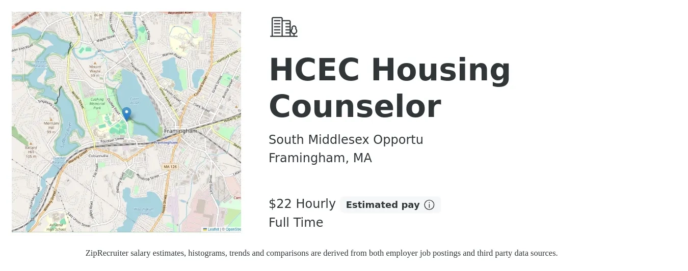 South Middlesex Opportu job posting for a HCEC Housing Counselor in Framingham, MA with a salary of $23 Hourly with a map of Framingham location.