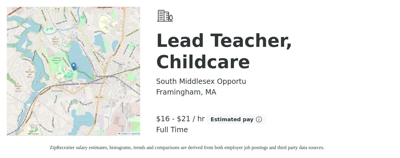 South Middlesex Opportu job posting for a Lead Teacher, Childcare in Framingham, MA with a salary of $17 to $22 Hourly with a map of Framingham location.