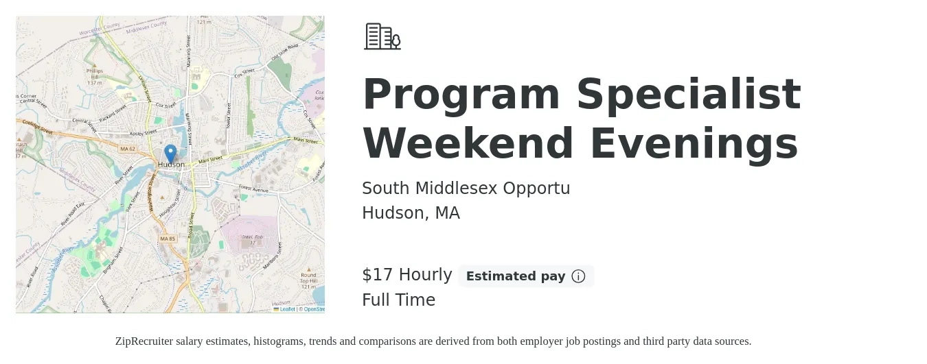 South Middlesex Opportu job posting for a Program Specialist Weekend Evenings in Hudson, MA with a salary of $18 Hourly with a map of Hudson location.