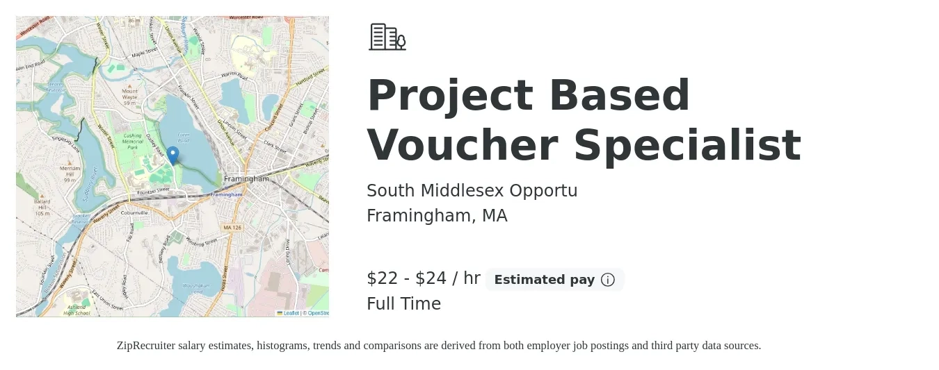 South Middlesex Opportu job posting for a Project Based Voucher Specialist in Framingham, MA with a salary of $23 to $25 Hourly with a map of Framingham location.