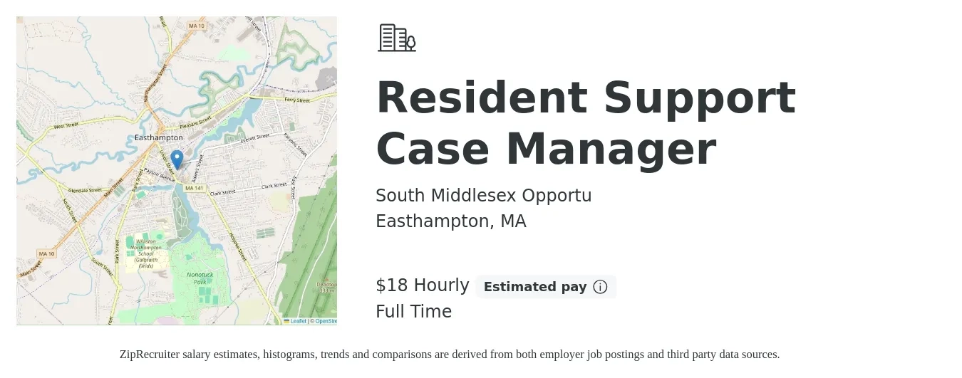 South Middlesex Opportu job posting for a Resident Support Case Manager in Easthampton, MA with a salary of $19 Hourly with a map of Easthampton location.