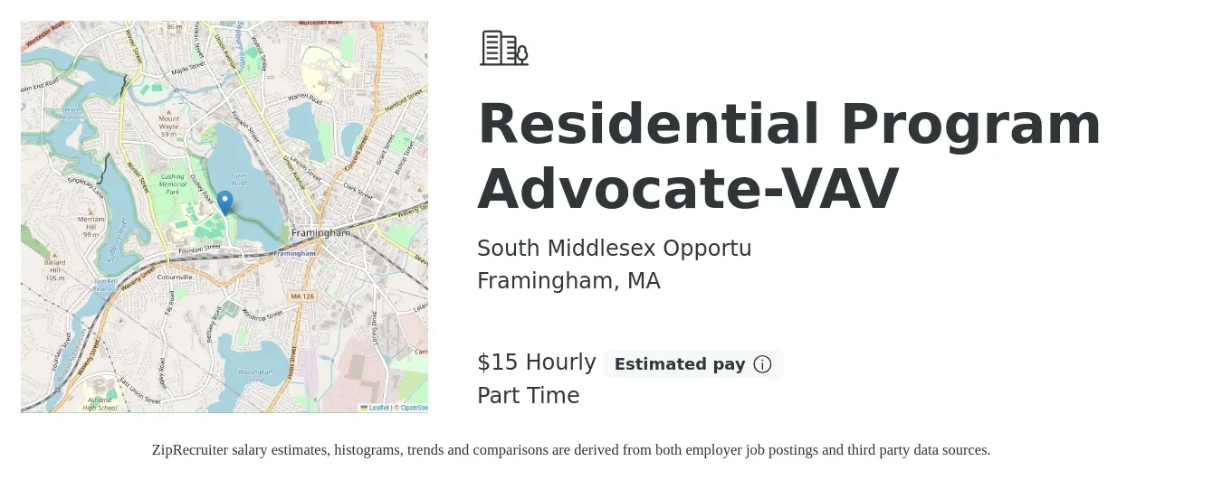 South Middlesex Opportu job posting for a Residential Program Advocate-VAV in Framingham, MA with a salary of $16 Hourly with a map of Framingham location.