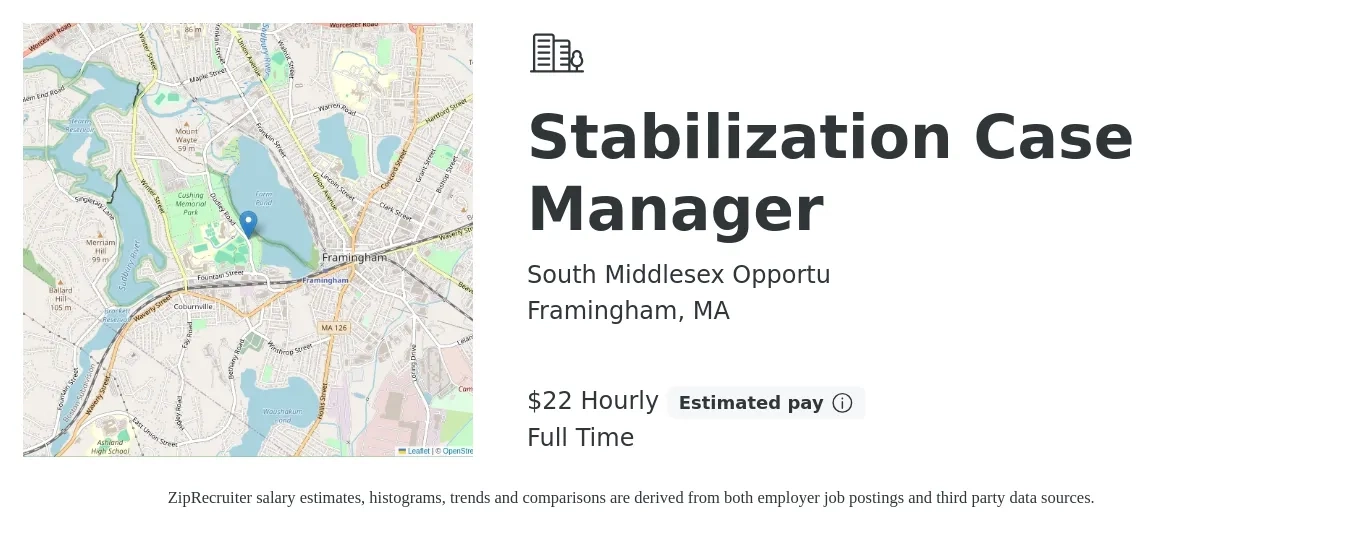 South Middlesex Opportu job posting for a Stabilization Case Manager in Framingham, MA with a salary of $23 Hourly with a map of Framingham location.