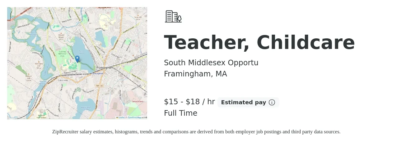 South Middlesex Opportu job posting for a Teacher, Childcare in Framingham, MA with a salary of $16 to $19 Hourly with a map of Framingham location.