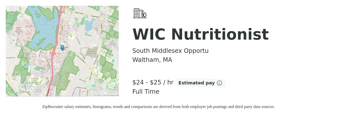South Middlesex Opportu job posting for a WIC Nutritionist in Waltham, MA with a salary of $25 to $26 Hourly with a map of Waltham location.