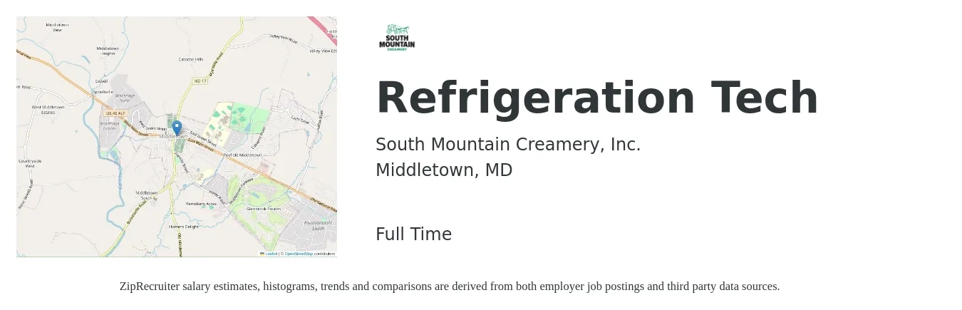 South Mountain Creamery, Inc. job posting for a Refrigeration Tech in Middletown, MD with a salary of $25 to $34 Hourly with a map of Middletown location.