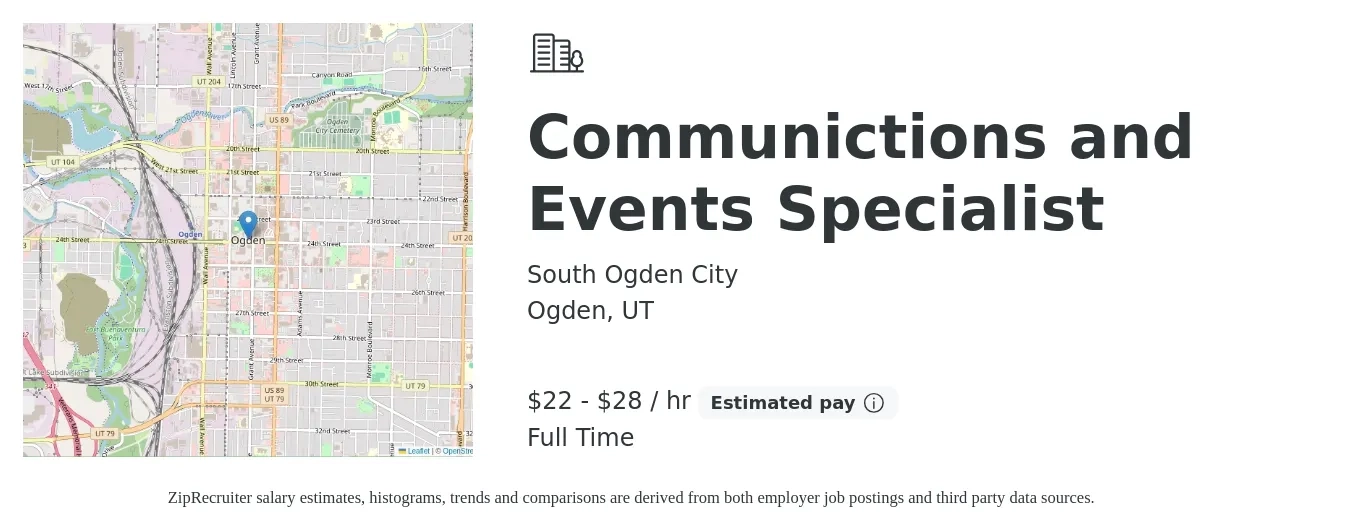 South Ogden City job posting for a Communictions and Events Specialist in Ogden, UT with a salary of $24 to $30 Hourly with a map of Ogden location.