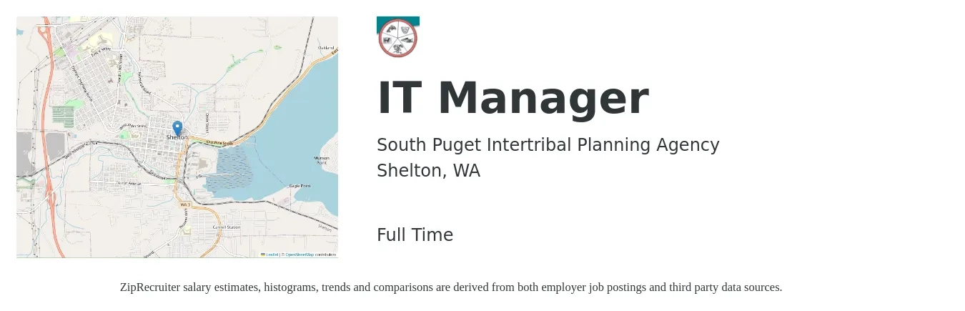 South Puget Intertribal Planning Agency job posting for a IT Manager in Shelton, WA with a salary of $45 to $48 Hourly with a map of Shelton location.
