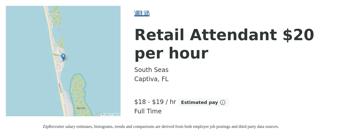 South Seas job posting for a Retail Attendant $20 per hour in Captiva, FL with a salary of $19 to $20 Hourly with a map of Captiva location.