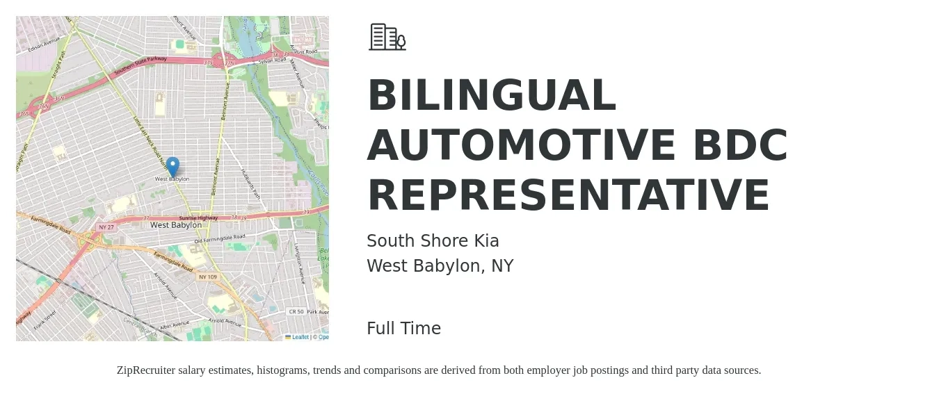 South Shore Kia job posting for a BILINGUAL AUTOMOTIVE BDC REPRESENTATIVE in West Babylon, NY with a salary of $16 to $20 Hourly with a map of West Babylon location.