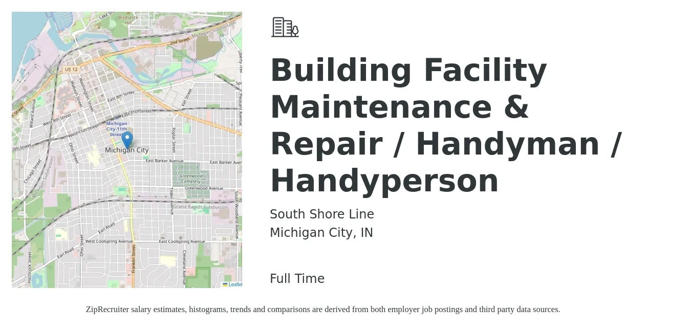 South Shore Line job posting for a Building Facility Maintenance & Repair / Handyman / Handyperson in Michigan City, IN with a salary of $28 to $30 Hourly with a map of Michigan City location.