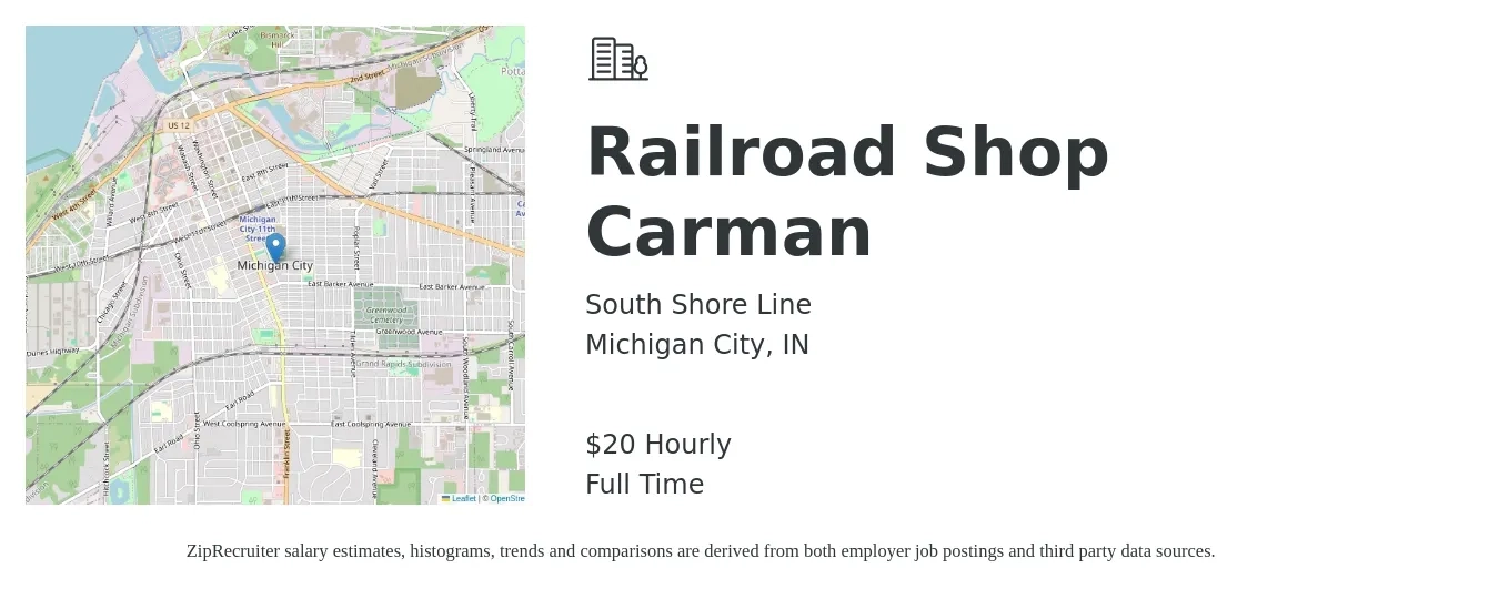 South Shore Line job posting for a Railroad Shop Carman in Michigan City, IN with a salary of $22 Hourly with a map of Michigan City location.