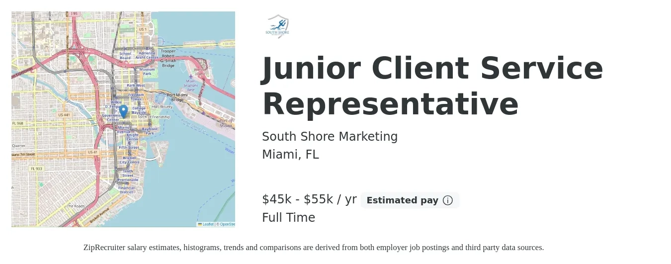 South Shore Marketing job posting for a Junior Client Service Representative in Miami, FL with a salary of $45,000 to $55,000 Yearly with a map of Miami location.
