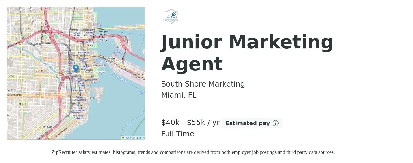 South Shore Marketing job posting for a Junior Marketing Agent in Miami, FL with a salary of $40,000 to $55,000 Yearly with a map of Miami location.