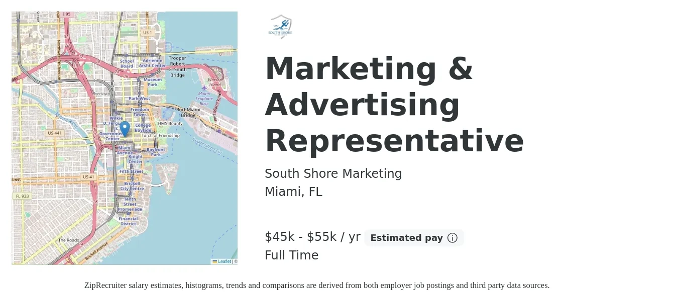 South Shore Marketing job posting for a Marketing & Advertising Representative in Miami, FL with a salary of $45,000 to $55,000 Yearly with a map of Miami location.