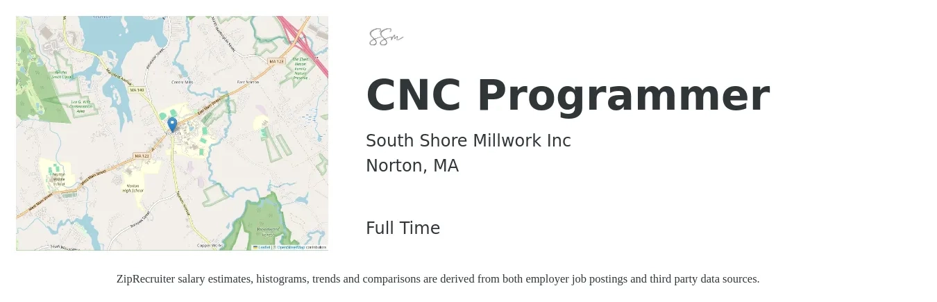 South Shore Millwork Inc job posting for a CNC Programmer in Norton, MA with a salary of $27 to $37 Hourly with a map of Norton location.