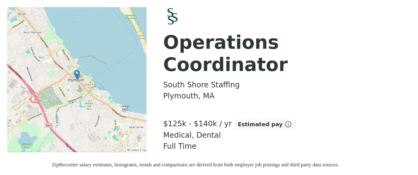 South Shore Staffing job posting for a Operations Coordinator in Plymouth, MA with a salary of $125,000 to $140,000 Yearly and benefits including dental, life_insurance, medical, and pto with a map of Plymouth location.