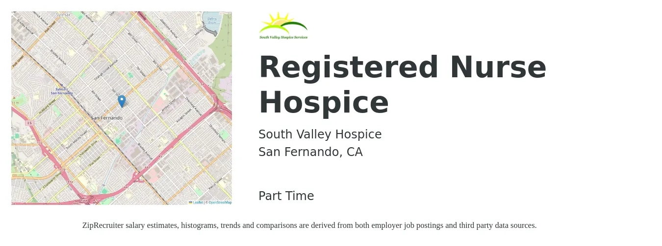 South Valley Hospice job posting for a Registered Nurse Hospice in San Fernando, CA with a salary of $36 to $55 Hourly with a map of San Fernando location.