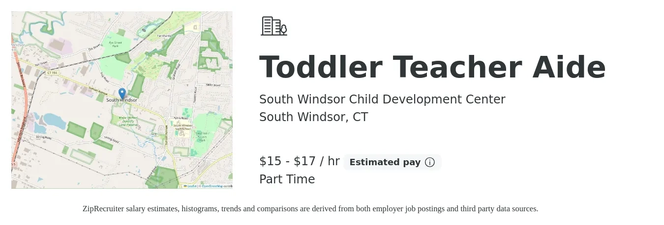 South Windsor Child Development Center job posting for a Toddler Teacher Aide in South Windsor, CT with a salary of $16 to $18 Hourly with a map of South Windsor location.