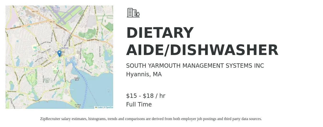 SOUTH YARMOUTH MANAGEMENT SYSTEMS INC job posting for a DIETARY AIDE/DISHWASHER in Hyannis, MA with a salary of $16 to $19 Hourly with a map of Hyannis location.