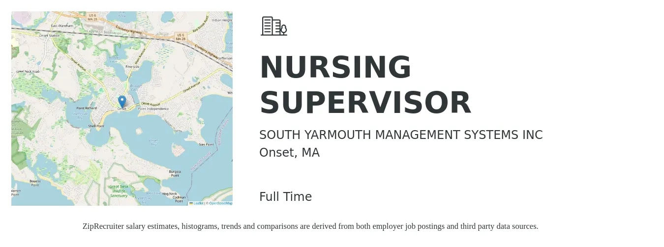 SOUTH YARMOUTH MANAGEMENT SYSTEMS INC job posting for a NURSING SUPERVISOR in Onset, MA with a salary of $42 to $61 Hourly with a map of Onset location.