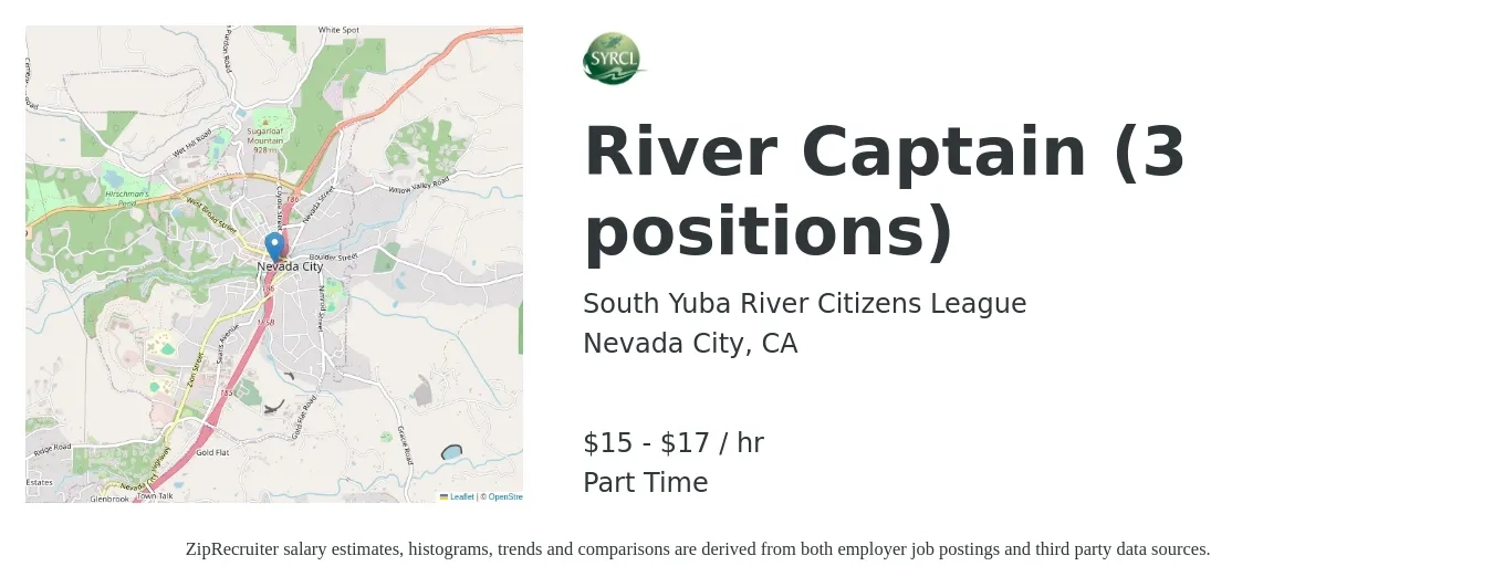 South Yuba River Citizens League job posting for a River Captain (3 positions) in Nevada City, CA with a salary of $16 to $18 Hourly with a map of Nevada City location.